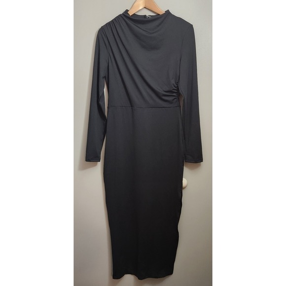 Casual Identity Dresses & Skirts - MIROL Women's MEDIUM long sleeve black Maxi dress Mock Neck Slit Business Casual